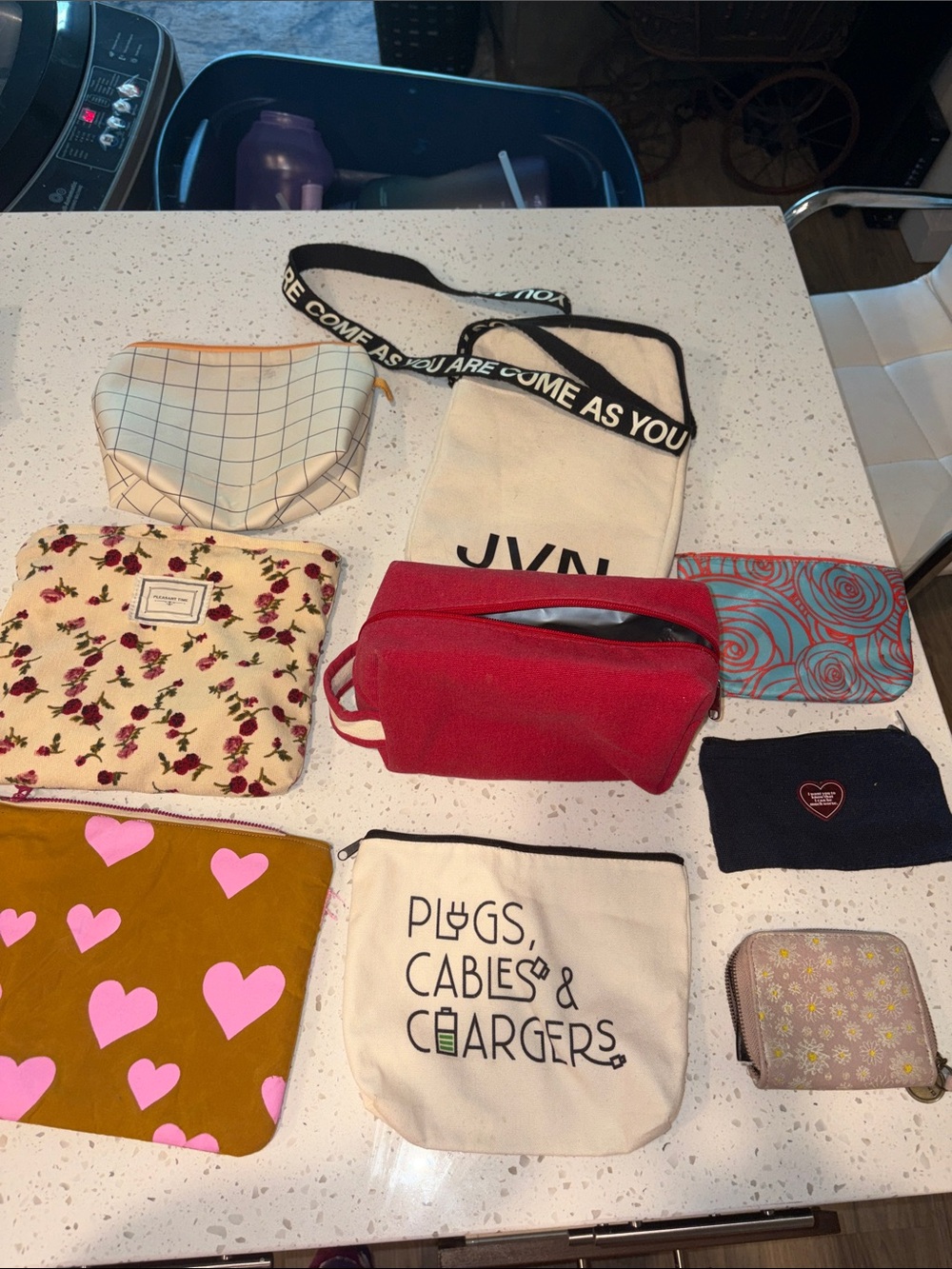 Assorted Canvas & Fabric Pouches - Neutral, Red, Floral, Hearts